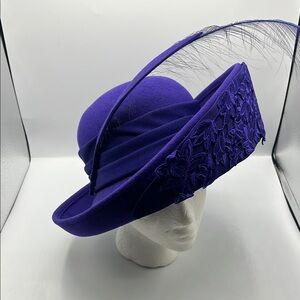 MYSHA Purple Hat Church/Kentucky Derby Hat w/ Lace & Feather Accents